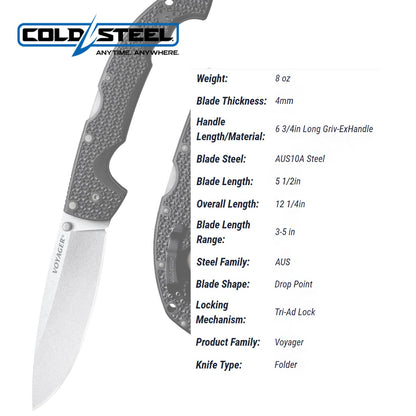 Cold Steel XL Voyager AUS10A - Cuchillo plegable táctico para llevar diario, de 5.5 pulgadas, AUS10A con punta de caída, de 6.7 pulgadas, mango Griv-Ex, en caja