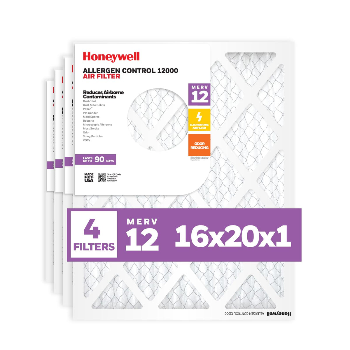 Honeywell MERV 12 - Filtro de aire para horno de aire plisado electrostático HVAC AC AC (4 unidades) | Filtro de repuesto para uso doméstico | Fabricado en Estados Unidos