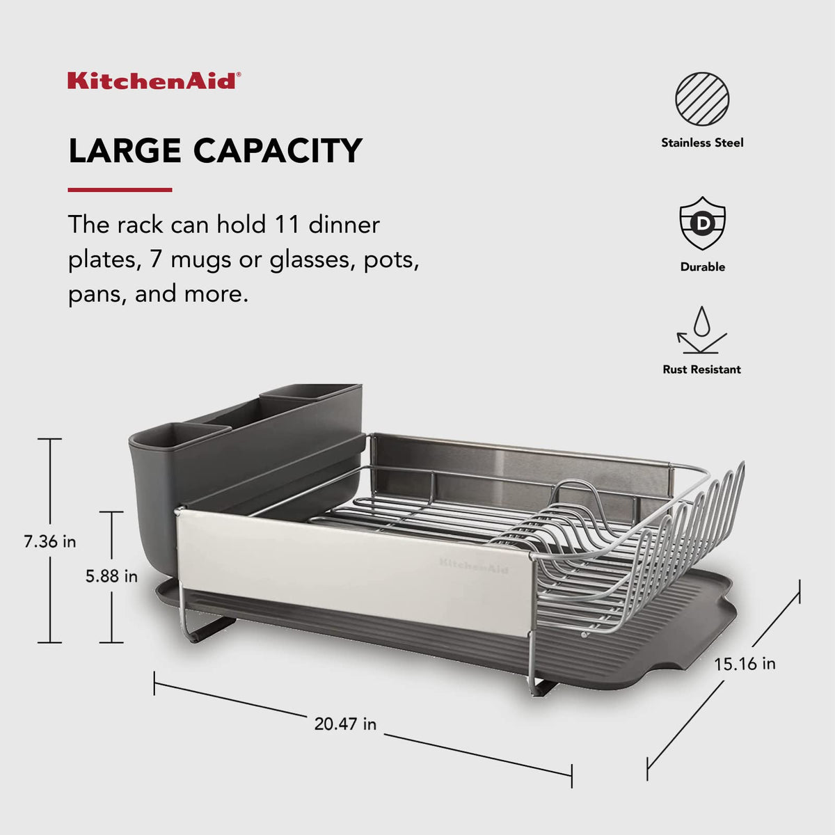 KitchenAid - Estante para Platos de Gran Capacidad, autodrenrenable y Resistente a la oxidación, con Cubierta extraíble, 20.47 Pulgadas, Color Gris