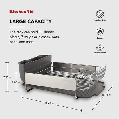 KitchenAid - Estante para Platos de Gran Capacidad, autodrenrenable y Resistente a la oxidación, con Cubierta extraíble, 20.47 Pulgadas, Color Gris