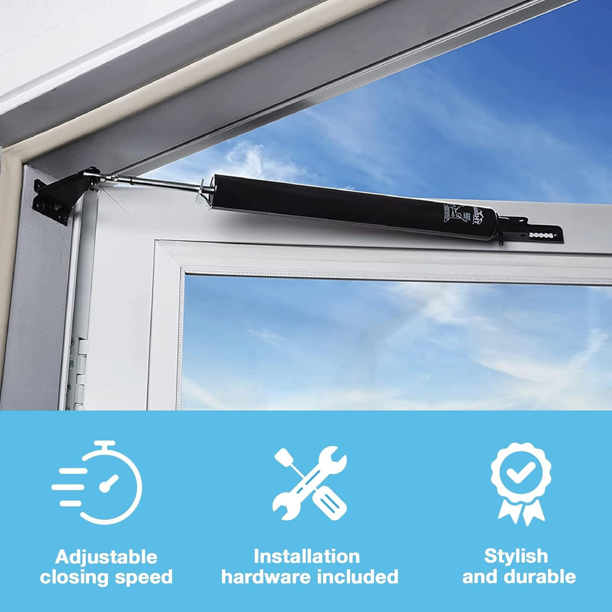 Wright Products - Cierrapuertas neumáticas para tormentas, ajustable, cierre suave con arandela de sujeción abierta (transición, bronce)