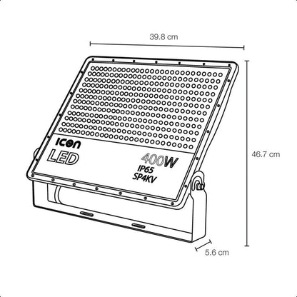 ICON Reflector LED 400W 5000K IP65 Negro | 48,000 lúmenes, 120 lm/W, aluminio con disipación térmica, IP65, supresor de picos 4kV