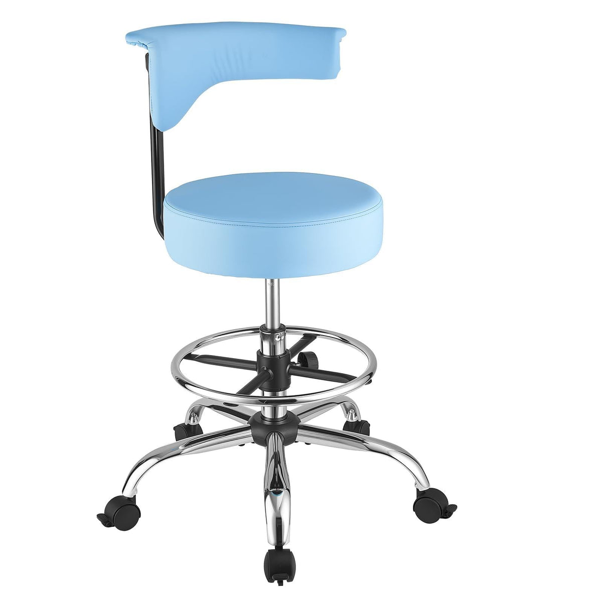 VEVOR Taburete Giratorio de Trabajo, Taburete con Ruedas Respaldo y Reposapiés, Altura Ajustable de 54-70 cm, Soporta 226,8 kg, Asiento Ergonómico Acolchado y Tapizado, para Oficina Clínica, Azul