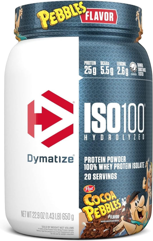 Dymatize ISO 100, Proteína Aislada de Suero Hidrolizada, Sabor Cocoa gourmet, 640 g, 25 g Proteína por Porción, Sin Gluten, 20 porciones
