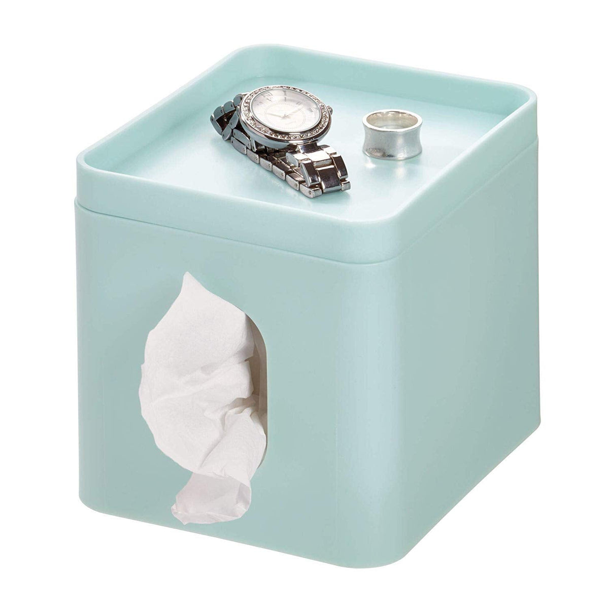 iDesign - Funda de pañuelo facial Cade, caja boutique, soporte de baño para tocador, encimera, escritorio, oficina, dormitorio, color mate, Soft Aqua - Aqua suave - 15.5 cm x 13.1 cm x 13.7 cm - Caja de boutique