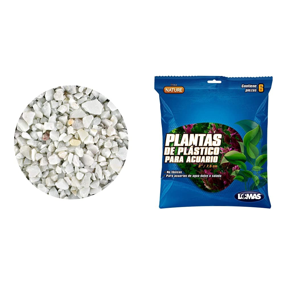 Lomas Grava para Acuario + Plantas Decorativas, 3 kg + 6 Piezas - Marmolina Blanca - Grava para Acuario + Plantas