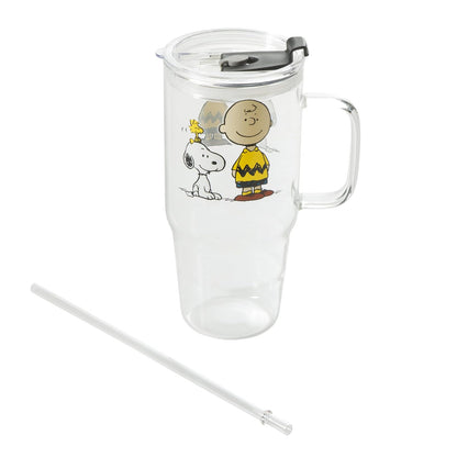 Peanuts Snoopy - Vasos de vidrio con tapas y popotes - Vaso de 40 onzas con asa y popote, botellas de agua de vidrio, vasos con popotes, tazas de café helado, taza de café de viaje, vaso de licuado
