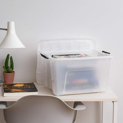 IRIS USA 4 Contenedores de 40 Qt con Tapa, Perla | Oculta el contenido para una apariencia limpia. Ideal para mudanzas, cobijas, ropa y garaje. Diseño anidable.