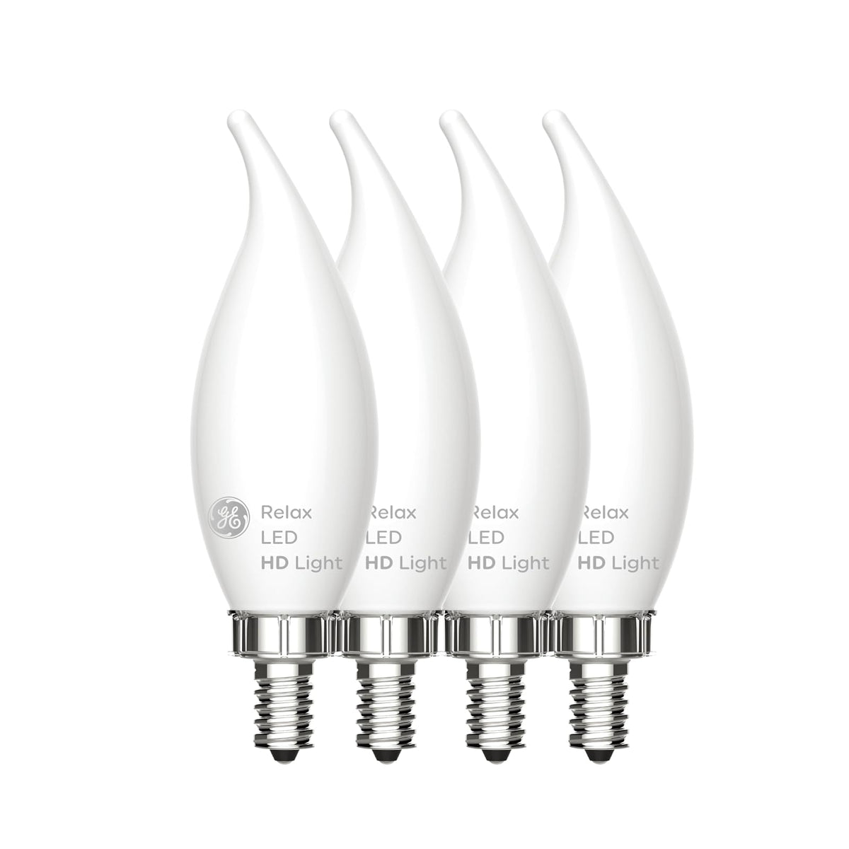 GE Relax - Bombillas LED para lámpara de araña (LED, punta curvada, 40 W, 4 unidades), color blanco esmerilado, regulable, E12
