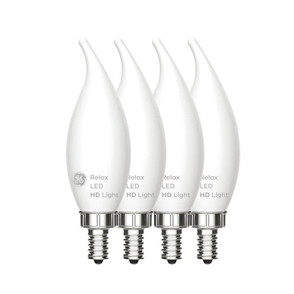 GE Relax - Bombillas LED para lámpara de araña (LED, punta curvada, 40 W, 4 unidades), color blanco esmerilado, regulable, E12