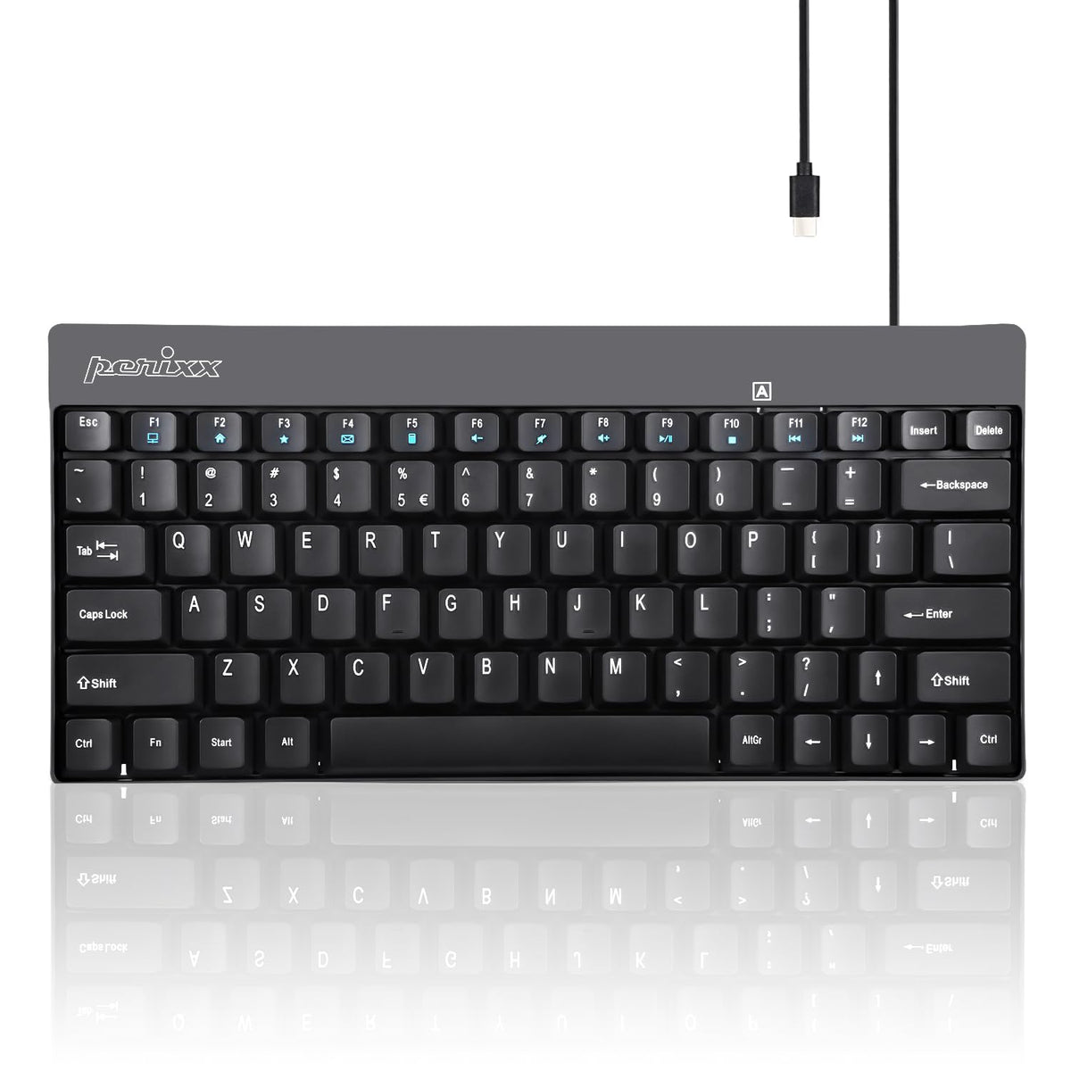 Perixx PERIBOARD-422 - Mini Teclado USB-C con Cable, Conector USB Tipo C, Color Negro, diseño en inglés Estadounidense