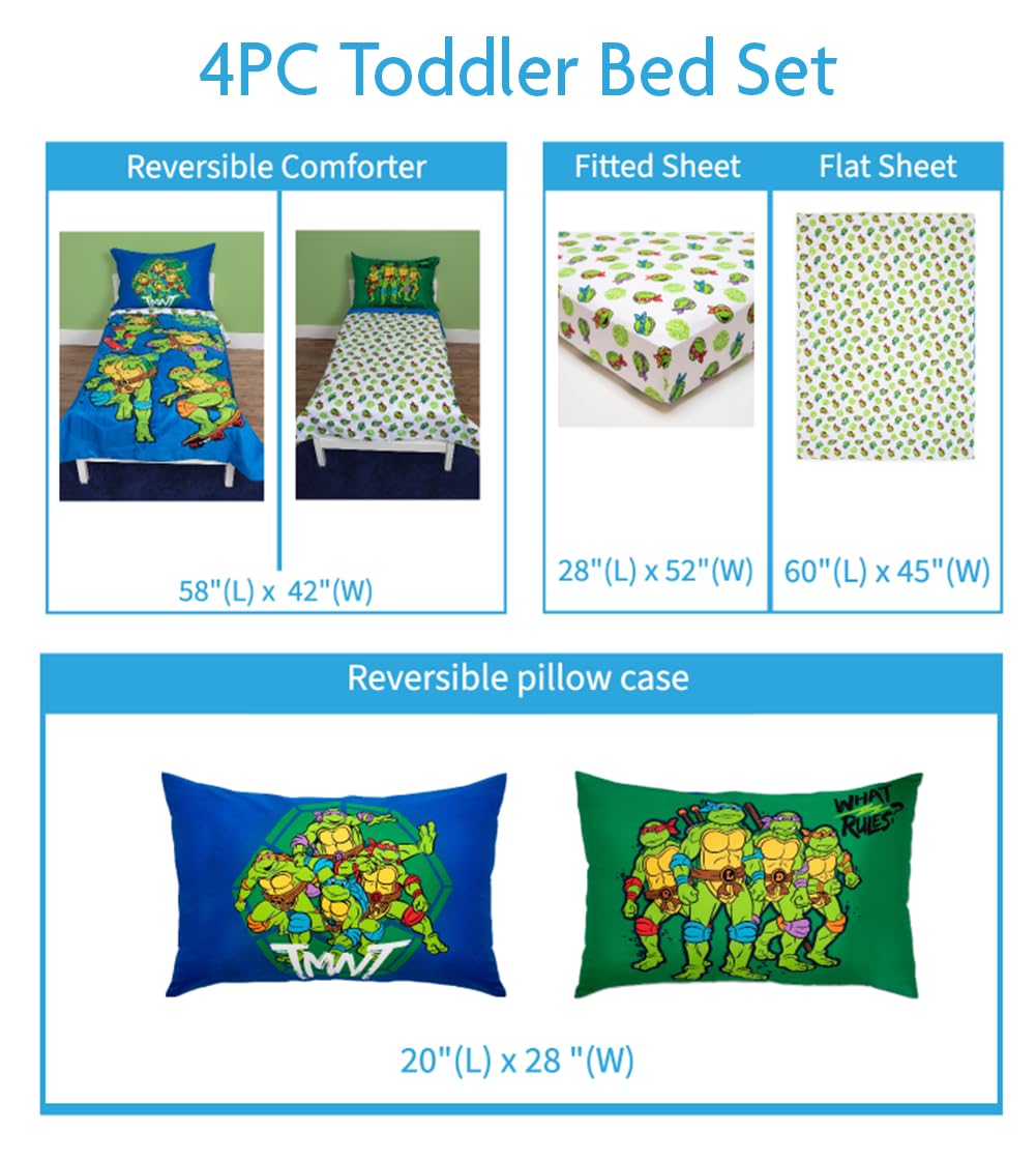 Juego de Ropa de Cama de 4 Piezas Teenage Mutant Ninja Turtles – Incluye edredón, Juego de sábanas, Ajustable + sábana Superior + Funda de Almohada Reversible para Cama de niños, Azul