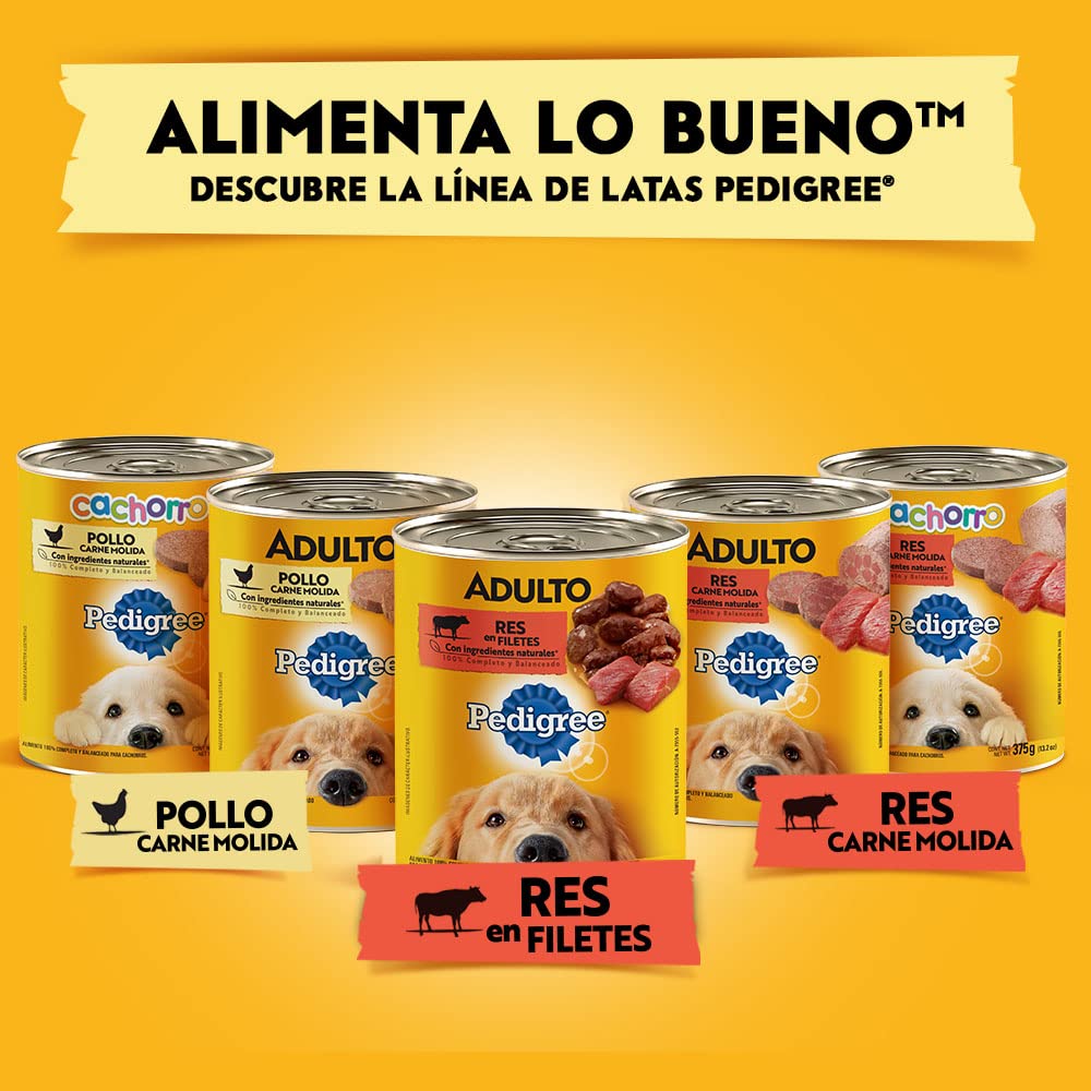 PEDIGREE Alimento para Perros Adultos, Sabor Pollo Carne Molida 375 Gr, Paquete De 24 Latas
