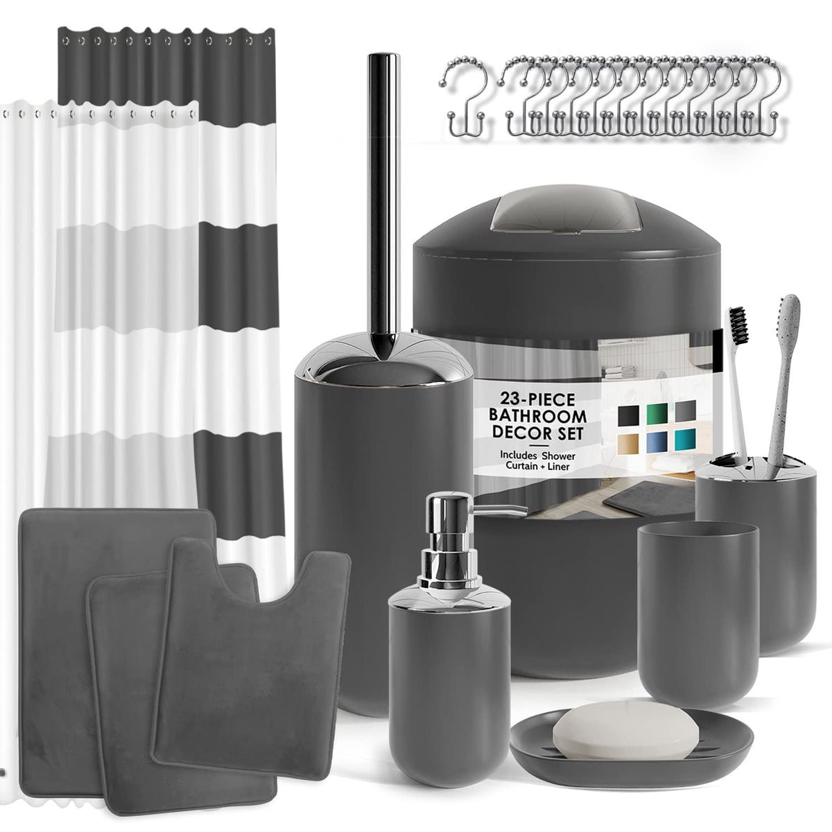 CLARA CLARK - Juego de Accesorios de baño, Juego de Cortina de Ducha, dispensador de jabón, Cepillo para Polvo de Inodoro y Bote de Basura (Gris, Juego Completo + Alfombras de baño)