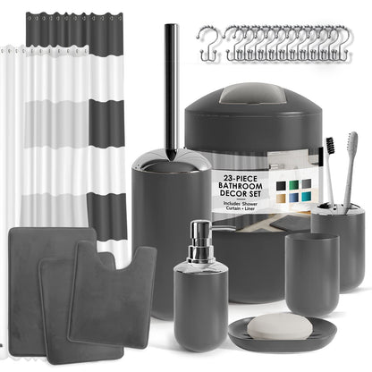 CLARA CLARK - Juego de Accesorios de baño, Juego de Cortina de Ducha, dispensador de jabón, Cepillo para Polvo de Inodoro y Bote de Basura (Gris, Juego Completo + Alfombras de baño)
