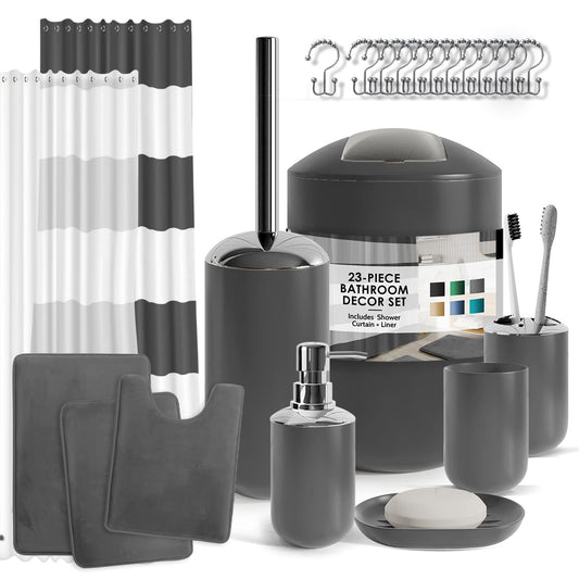 CLARA CLARK - Juego de Accesorios de baño, Juego de Cortina de Ducha, dispensador de jabón, Cepillo para Polvo de Inodoro y Bote de Basura (Gris, Juego Completo + Alfombras de baño)