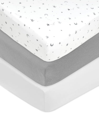 American Baby Company Sábanas Bajeras de Algodón para Cuna Paquete de 3 - Gray Stars - Gray - White - Paquete de 3
