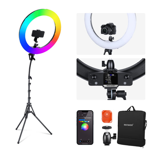 NEEWER 18 Inch Aro de Luz LED RGB Control App con Trípode y Soporte Móvil, 42W Regulable 2500K-10000K GM±50 Bicolor CRI97+/TLCI98+ 360° a Todo Color 18 Escenas para Fotografía TikTok Vlog, RGB18 II