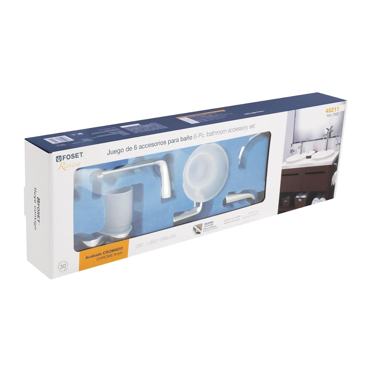 Foset Riviera RIA-7000, Juego de accesorios para baño, cromado, 6 piezas