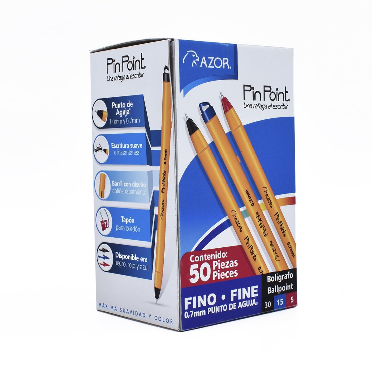 AZOR - Boligrafo De Punto Fino, 50 Piezas, Plumas, Punto Fino, .7 mm, Colores, 30 (Negro) 15 (Azul) 5 (Rojo), PinPoint 301.6825CS.