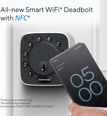 ULTRALOQ 2025 - Cerradura de puerta inteligente NFC, cerrojo WiFi integrado 6 en 1, cerradura de puerta de entrada sin llave y sensor de puerta, desbloqueo automático, resistente al agua IP65, fácil