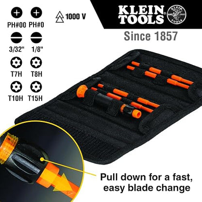Klein Tools 32584INSR - Juego de destornilladores de precisión 8 en 1 con funda, juego de aislamiento clasificado de 1000 V con puntas TORX ranuradas y a prueba de manipulaciones