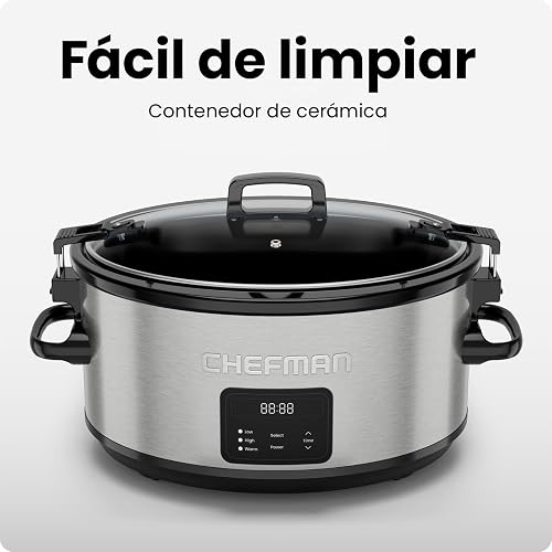 Chefman Olla de cocción lenta eléctrica de 7 cuartos con tapa de bloqueo, olla de cocción lenta programable con tres temperaturas digitales para platos principales, sopas y guisos,Acero inoxidable