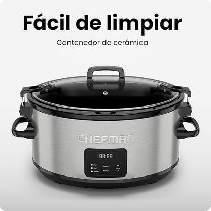 Chefman Olla de cocción lenta eléctrica de 7 cuartos con tapa de bloqueo, olla de cocción lenta programable con tres temperaturas digitales para platos principales, sopas y guisos,Acero inoxidable