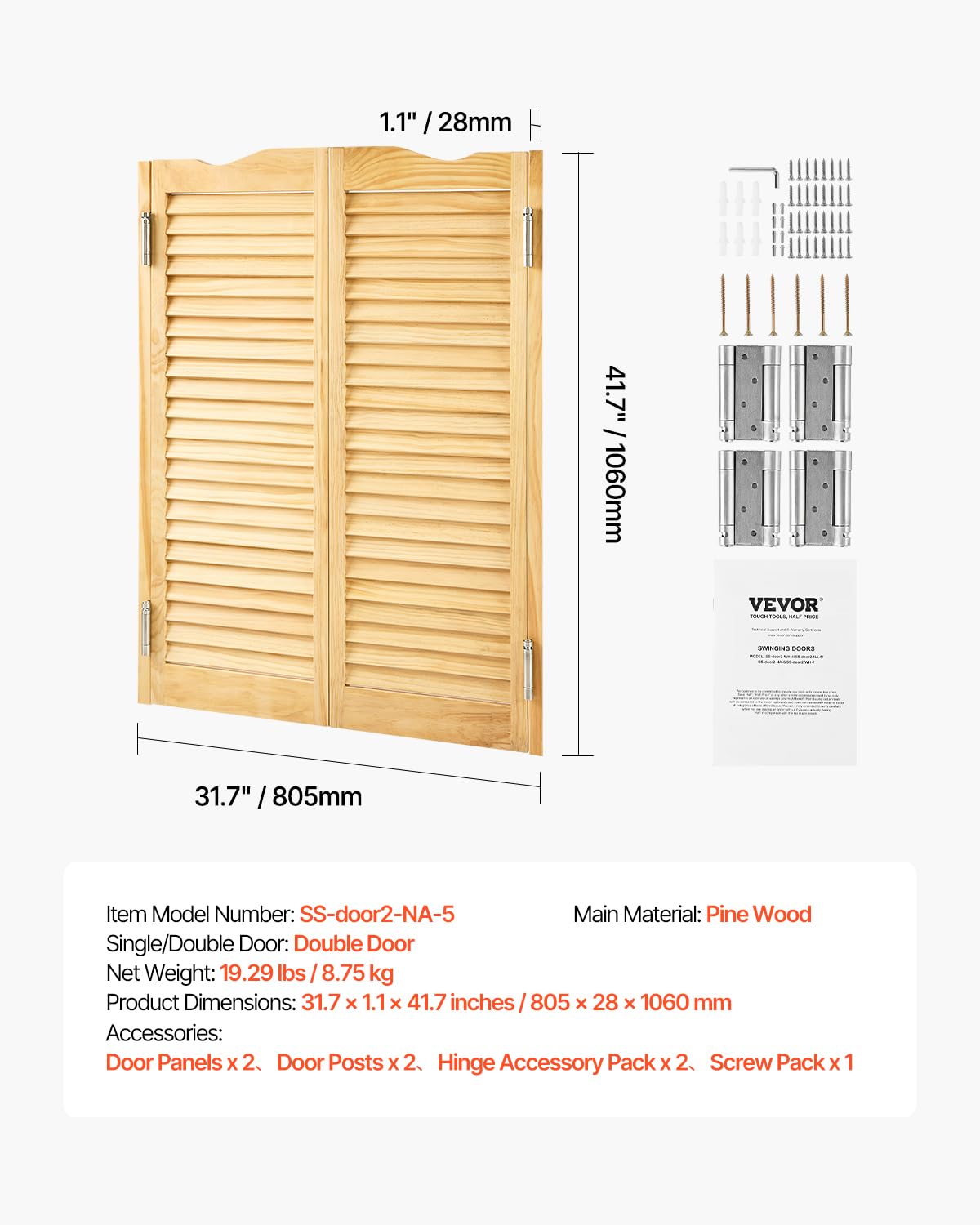 VEVOR - Puertas dobles de salón, 32 pulgadas de ancho x 42 pulgadas de alto, puertas de café con arco superior interior, madera de pino premium, con bisagras y kit de hardware, fácil de instalar, para