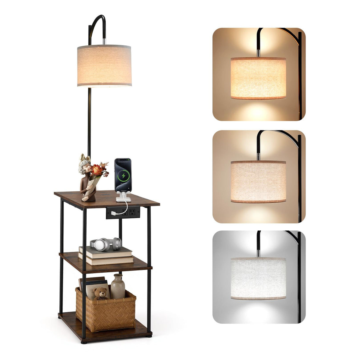 VEVOR Lámpara de Pie con Mesa, Mesa Auxiliar Estrecha de 3 Niveles con Estantes Abiertos e Iluminación de 3 Temperaturas de Color, con Puerto de Carga USB, Tipo C y CA para Sala de Estar, Dormitorio