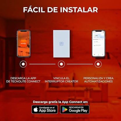 Tecnolite Connect - Apagador Inteligente Táctil WiFi 1 Circuito, Sin Cable Neutro, Compatible con App móvil, Alexa, Google y Siri, Interruptor Inteligente