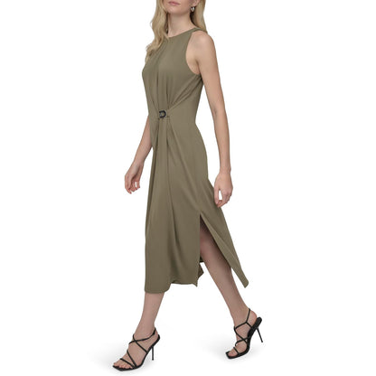 DKNY - Vestido Midi elástico sin Mangas con Cuello Joya para Mujer