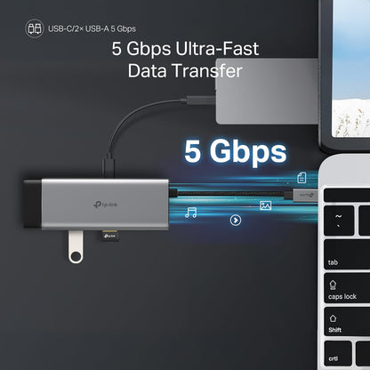 TP-Link USB C Hub 7 en 1 Adaptador multipuerto (UH7020C) | 4K@60Hz HDMI, SD y microSD, 100W de Suministro de energía, 1 USB-C, 2 Puertos USB-A | Dongle de Alta Velocidad de 5Gbps | Compatible con