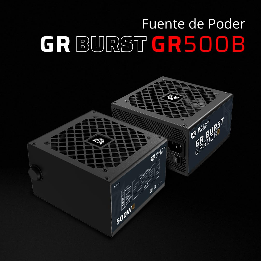Balam Rush GR Burst GR500B Fuente de Poder ATX 500W, 80 Plus Bronze, No Modular, Legend Negro, 1 ATX + 1 ATX12V + 2X PCI-E + 4X SATA + 2X MOLEX + 1x Floppy