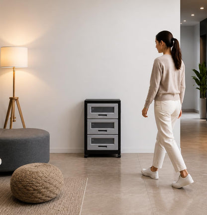 Italhome Mueble De Plástico En Color Negro Gris Con 3 Cajones, Cajonera Organizador Multiusos Con Ruedas Piave