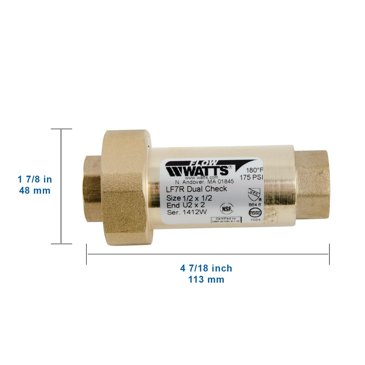 Válvula de retención Dual residencial de 1/2 x 1/2 Pulgadas con Entrada Npt Hembra de unión X Salida Npt Hembra