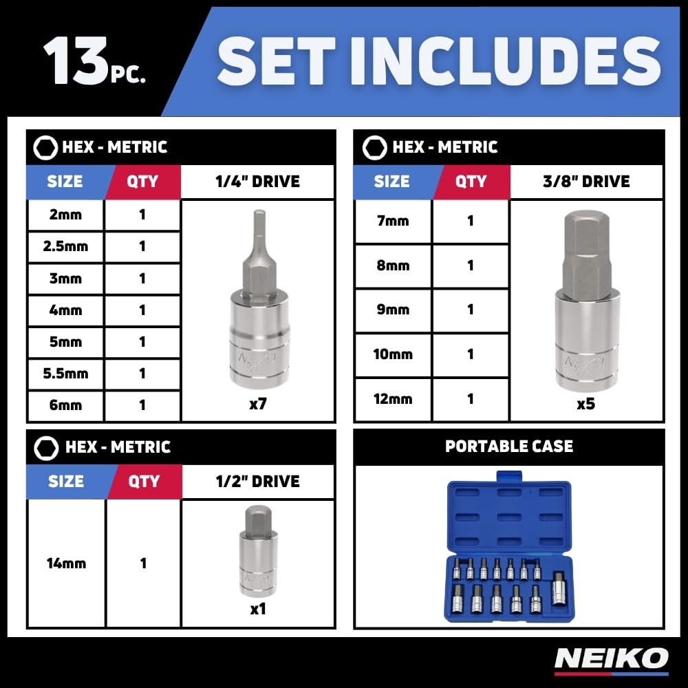 Neiko 10074A Metric MM Pro-Grade Llaves de Cubo Hexagonales, 13 piezas | 13 piezas, aleación acero Cromo-Vanadio, acabado brillante