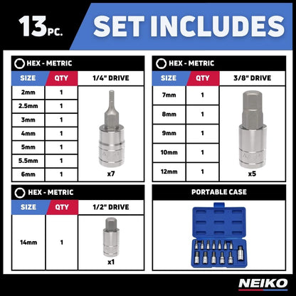 Neiko 10074A Metric MM Pro-Grade Llaves de Cubo Hexagonales, 13 piezas | 13 piezas, aleación acero Cromo-Vanadio, acabado brillante