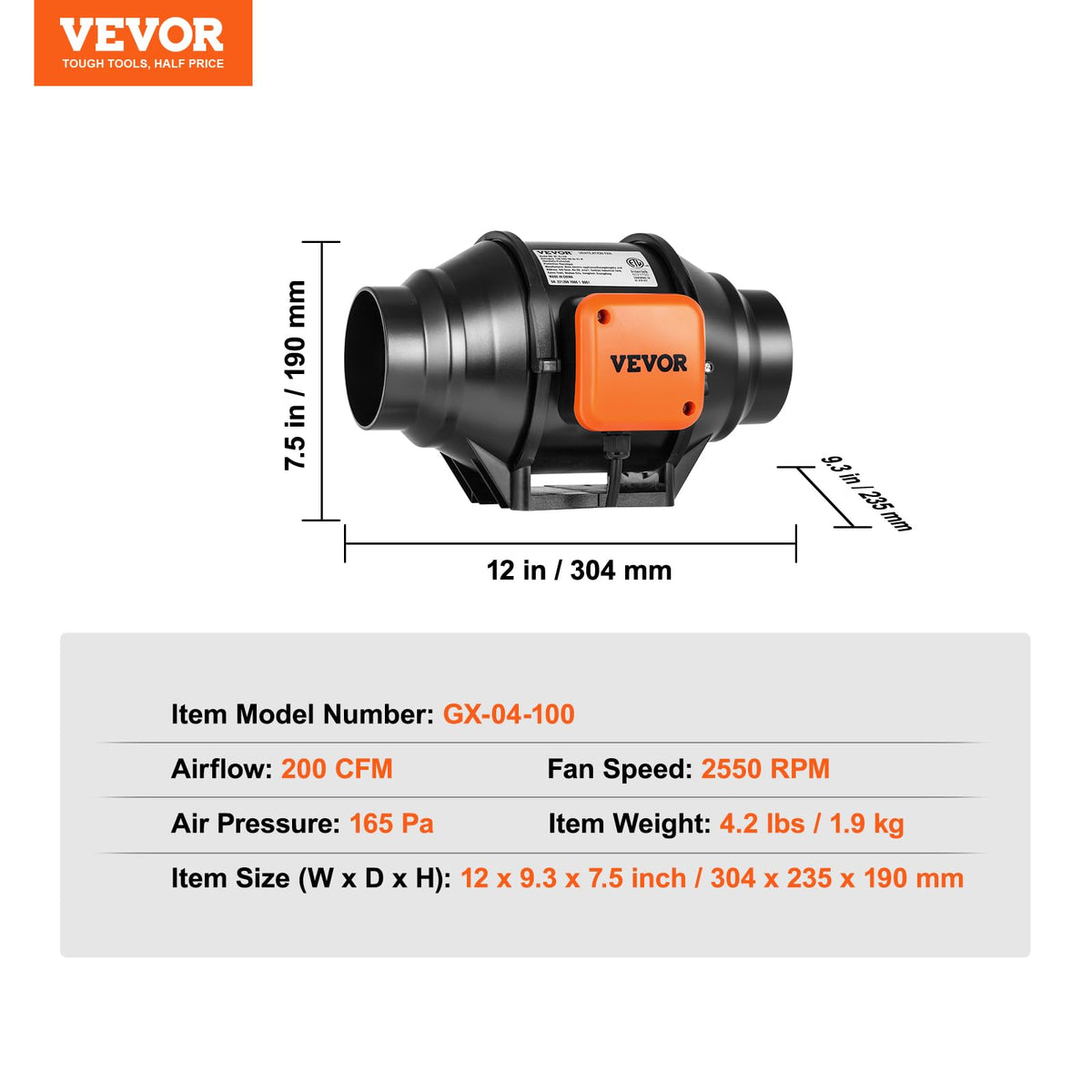 VEVOR Ventilador de conducto en línea, 4 pulgadas, 200 CFM con driver de velocidad variable, ventilador de escape silencioso de ventilación de motor CA para refuerzo de enfriamiento, tiendas de campaña de cultivo, hidropónico