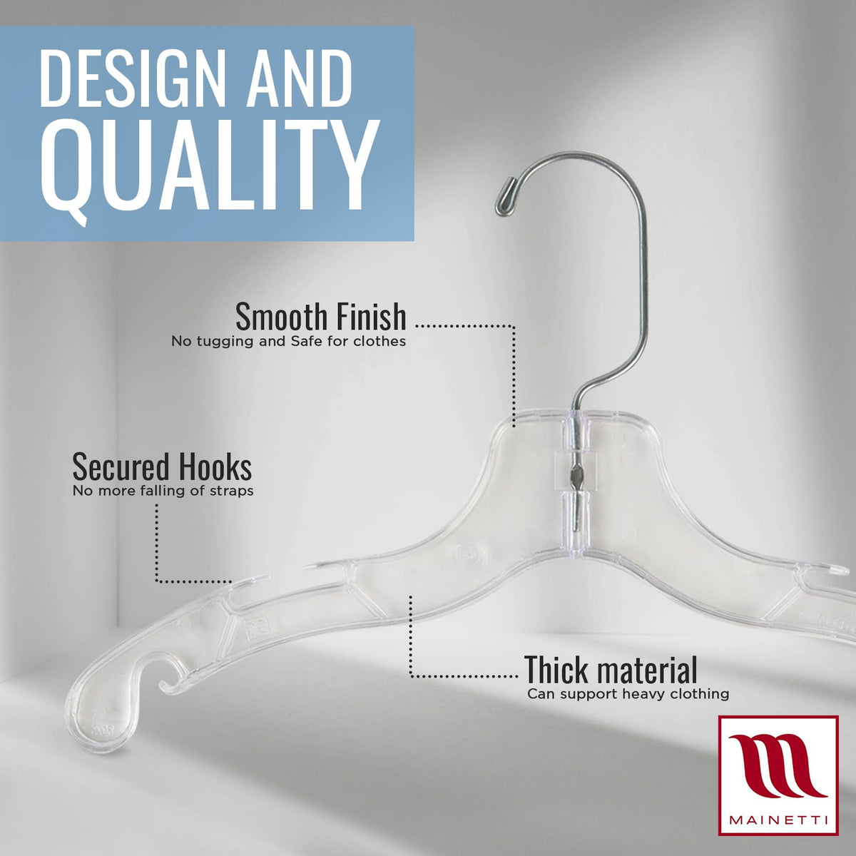 Mainetti 5075 - Perchas de plástico transparente con 360 ganchos giratorios de metal y muescas para correas, ideales para camisas de niños, blusas/vestidos, 12 pulgadas (paquete de 10)