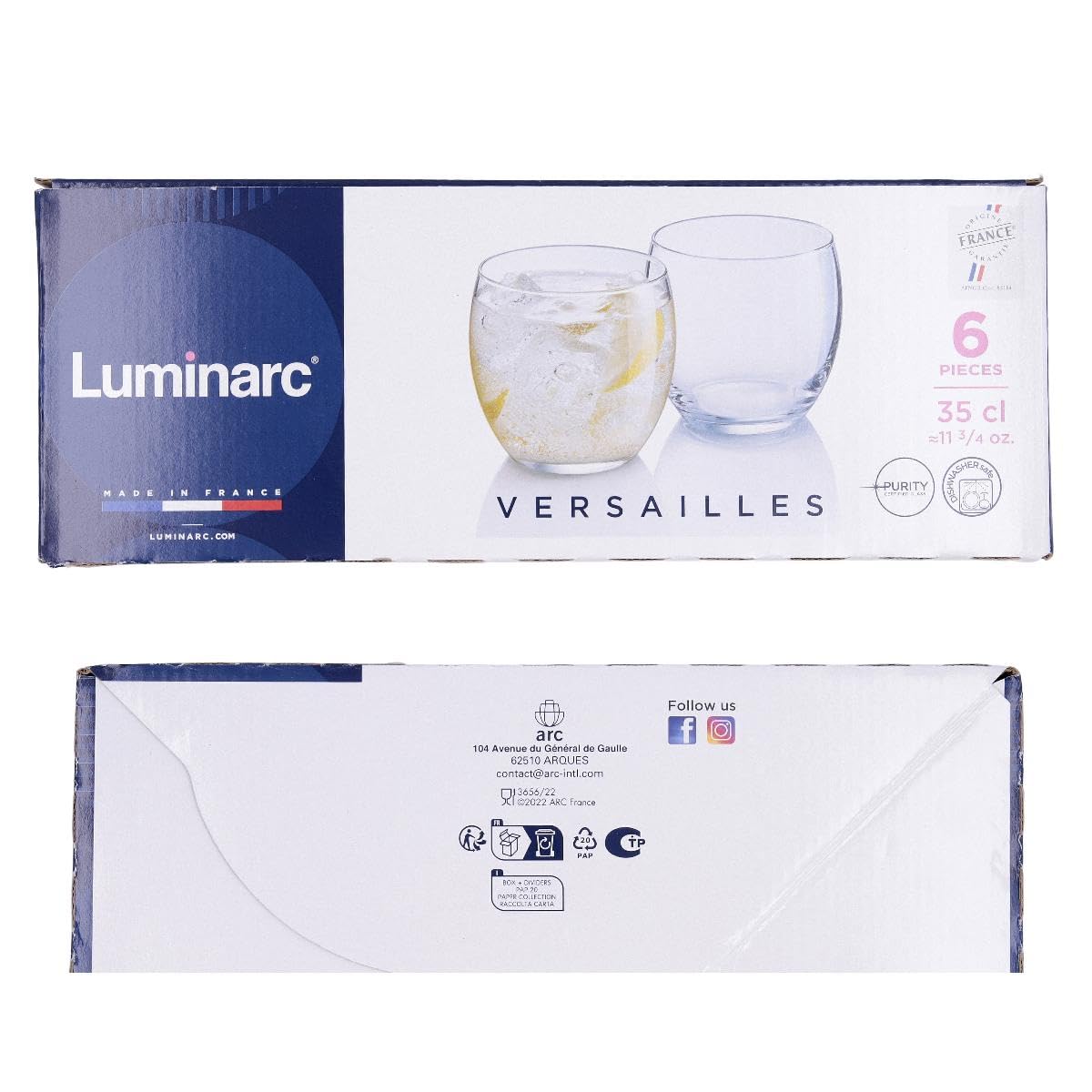 Luminarc 307-5287 Juego de 6 Vasos de Cristal Francés. Modelo Versailles, Set de Vasos Old Fashion, Ideales para Coctelería y Bebidas en las Rocas, Capacidad 350 ml con Caja de Regalo