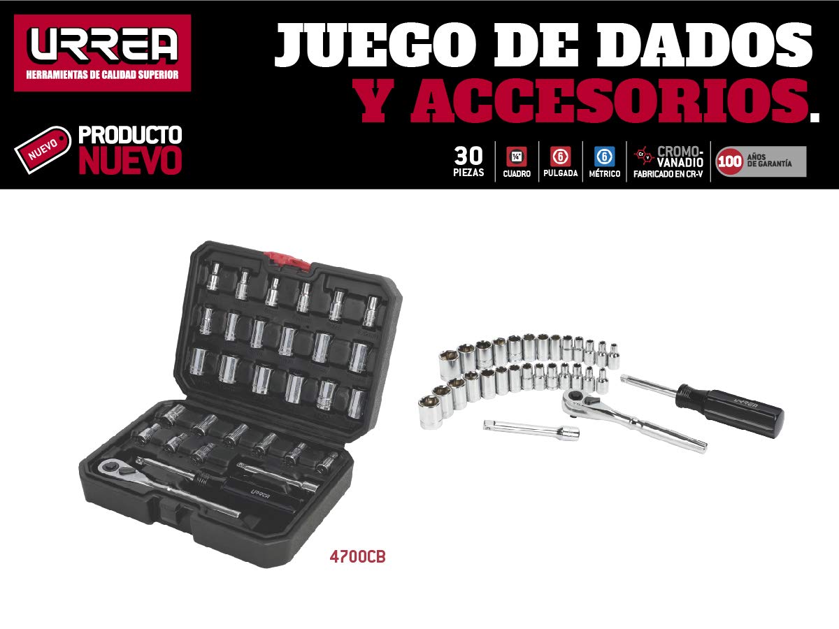 Urrea Herramientas 4700CB Urrea Juego de dados y accesorios 1/4" de 30 piezas en estuche plástico, color, pack of/paquete de 30