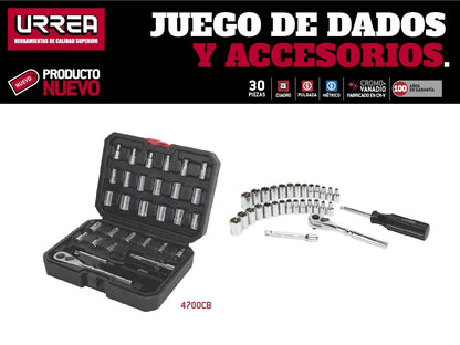Urrea Herramientas 4700CB Urrea Juego de dados y accesorios 1/4" de 30 piezas en estuche plástico, color, pack of/paquete de 30