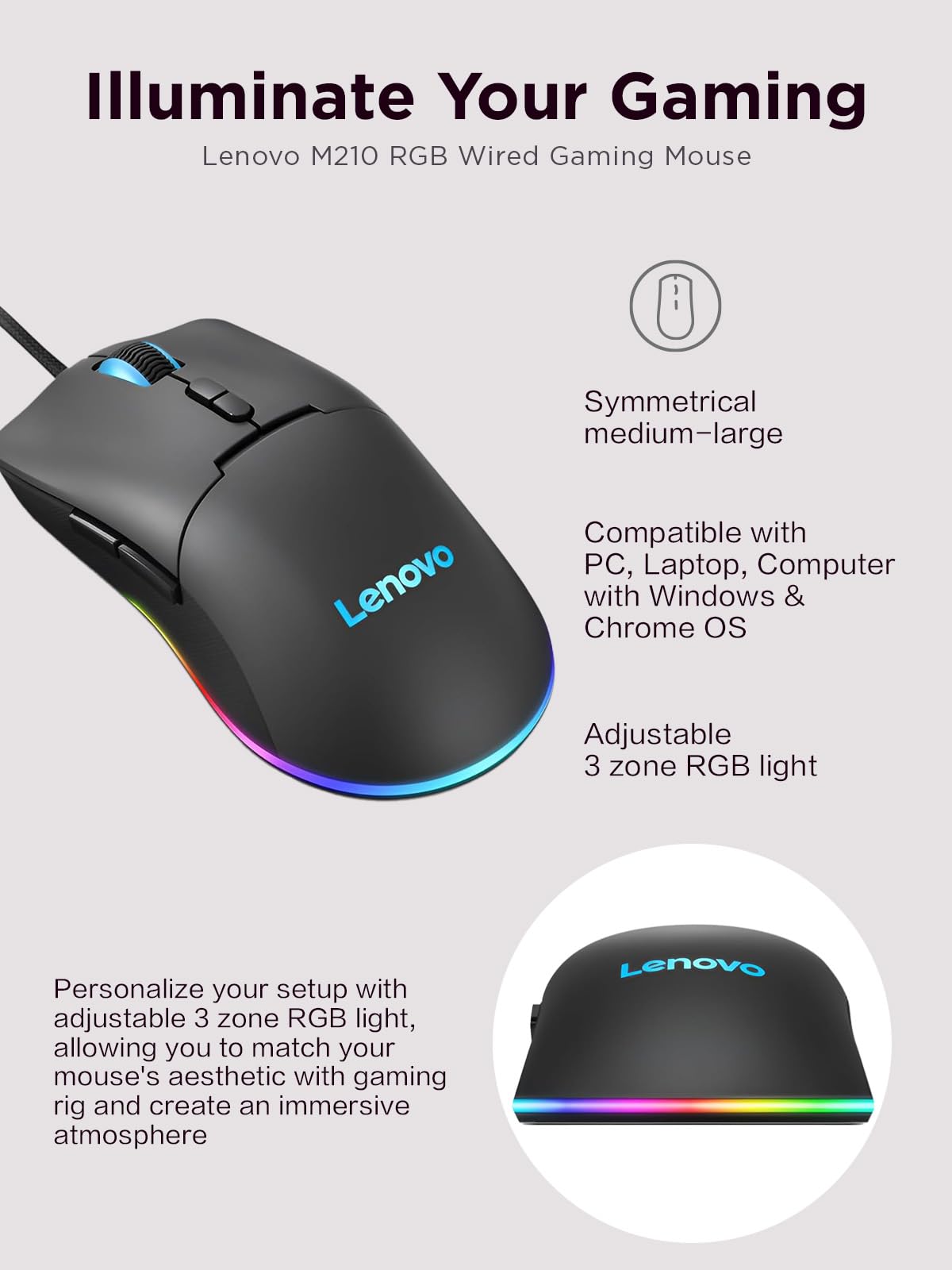 Lenovo M210 RGB mouse para juegos con cable para PC, portátil, computadora con Windows y sistema operativo cromado - 3 zonas RGB, sensor ajustable de 8000 DPI, 7 botones programables, mouse con agarre