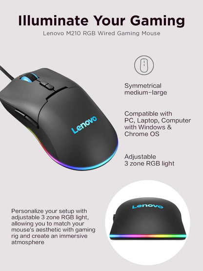 Lenovo M210 RGB mouse para juegos con cable para PC, portátil, computadora con Windows y sistema operativo cromado - 3 zonas RGB, sensor ajustable de 8000 DPI, 7 botones programables, mouse con agarre