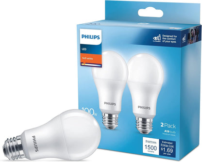 PHILIPS - foco LED básica esmerilada no regulable A19, tecnología EyeComfort, 1500 lúmenes, blanco suave (2700 K), 14 W = 100 W, base E26, certificado por título 20, interior, paquete de 4