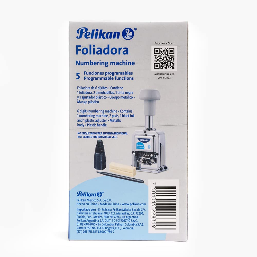 Pelikan Foliadora de Acero Inoxidable de Enumeración Automática con 6 Digitos. Incluye 2 Almohadillas.