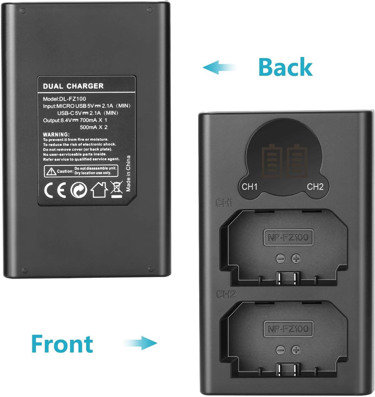 NEEWER NP-FZ100 2280mAh batería de Repuesto y Cargador con visualización LCD, 2 Paquetes, Compatible con Sony ZV-E10II A9III A7CII ZV-E1 A7III A7IV FX3 FX30 A6700 A1 A7C A7CR A7RIV A7RV A7SIII A9II
