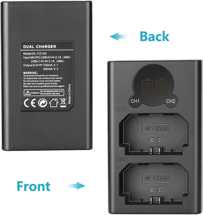 NEEWER NP-FZ100 2280mAh batería de Repuesto y Cargador con visualización LCD, 2 Paquetes, Compatible con Sony ZV-E10II A9III A7CII ZV-E1 A7III A7IV FX3 FX30 A6700 A1 A7C A7CR A7RIV A7RV A7SIII A9II