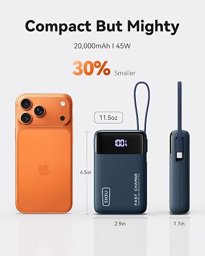 INIU Cargador portátil, pequeño Banco de energía de 20000 mAh con Cable USB-C Integrado, Mini batería de Carga rápida de 45 W, Cargador de teléfono Esencial de Viaje para Estudiantes universitarios